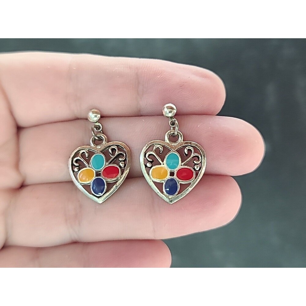 Multicolored Enamel Heart Dangling Pierced Earrings Vintage Costume Jewelry
